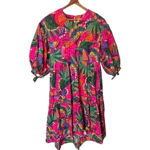 FARM Rio Painted Toucans Tiered Midi Colorful Dress Size Medium Vacation